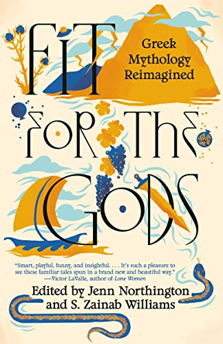 Book cover of "Fit for the Gods" with the subtitle "Greek Mythology Reimagined" and colorful abstract designs.